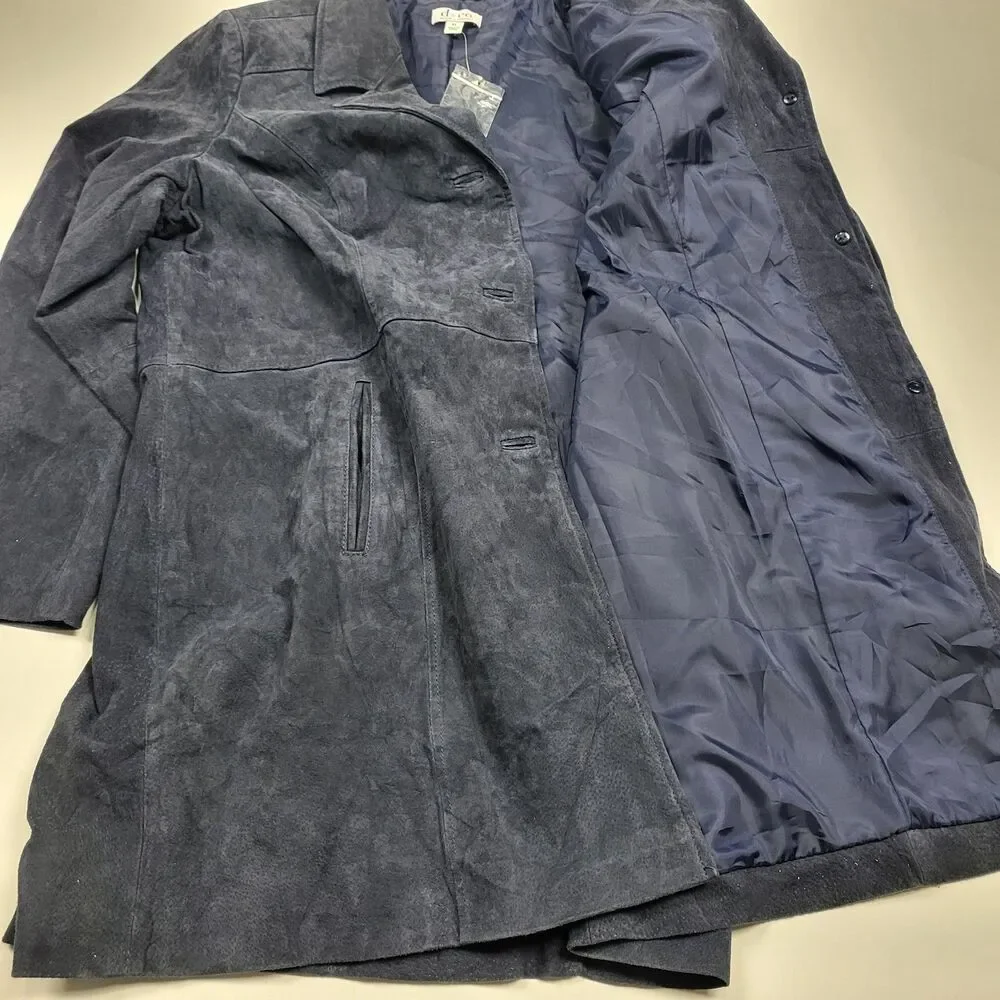 Vtg 90s Blazer Jacket Womens XL Blue Suede Leather Trench Coat Grunge Y2K Goth